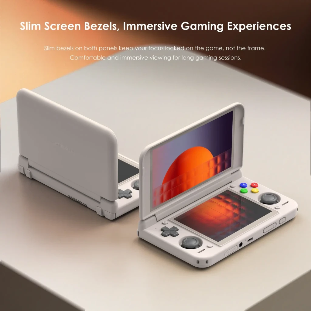 Consola portátil Retroid Pocket Duo Lite 16Bit 6GB/128GB Laranja, vista frontal: duas unidades abertas exibindo biseis finos