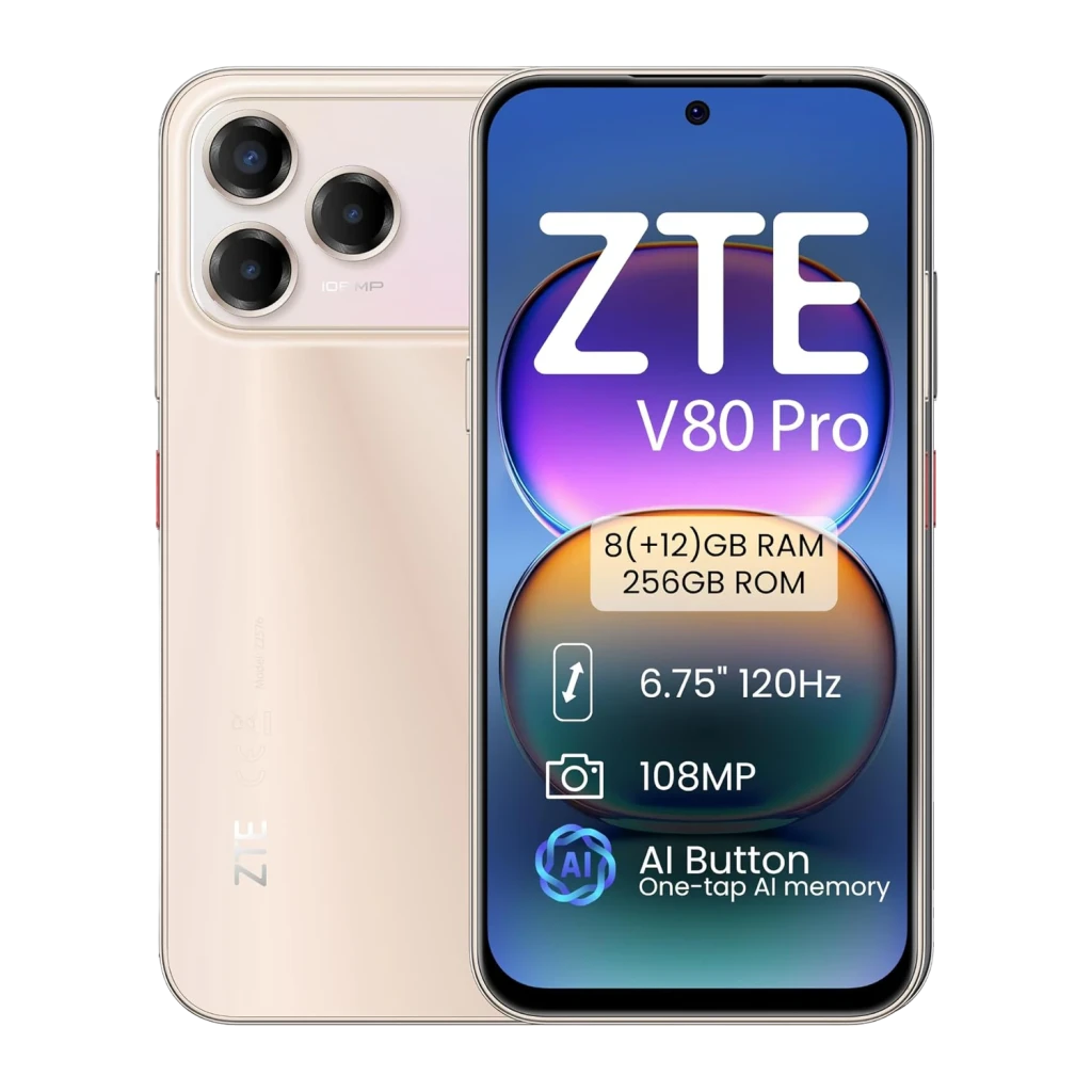 ZTE Blade V80 Pro 8GB/256GB Dorado 6,75 pulgadas IPS 120Hz 108MP IP64, vista frontal y trasera: pantalla AMOLED con specs