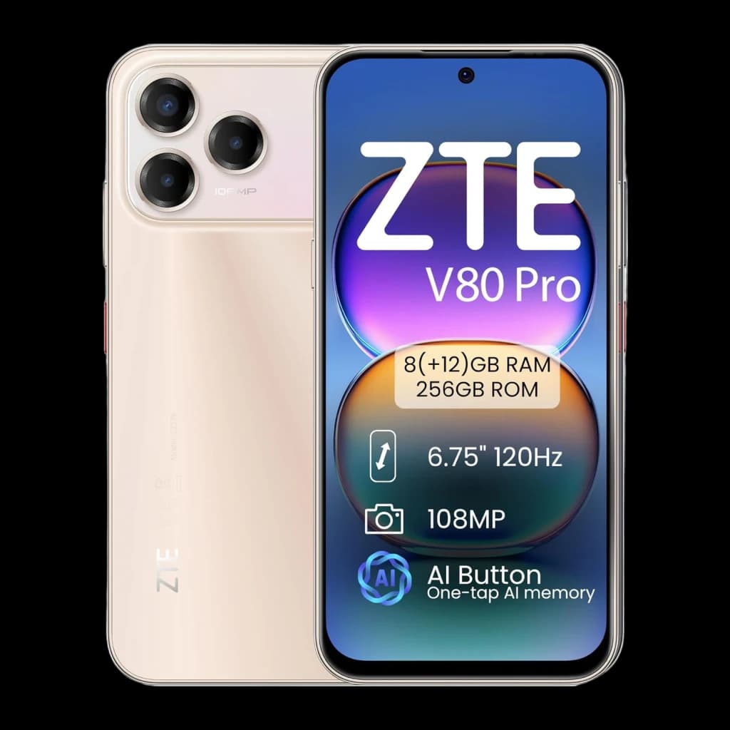 ZTE Blade V80 Pro 8GB/256GB Dorado 6,75 pulgadas IPS 120Hz 108MP IP64, vista frontal y trasera: pantalla AMOLED con specs