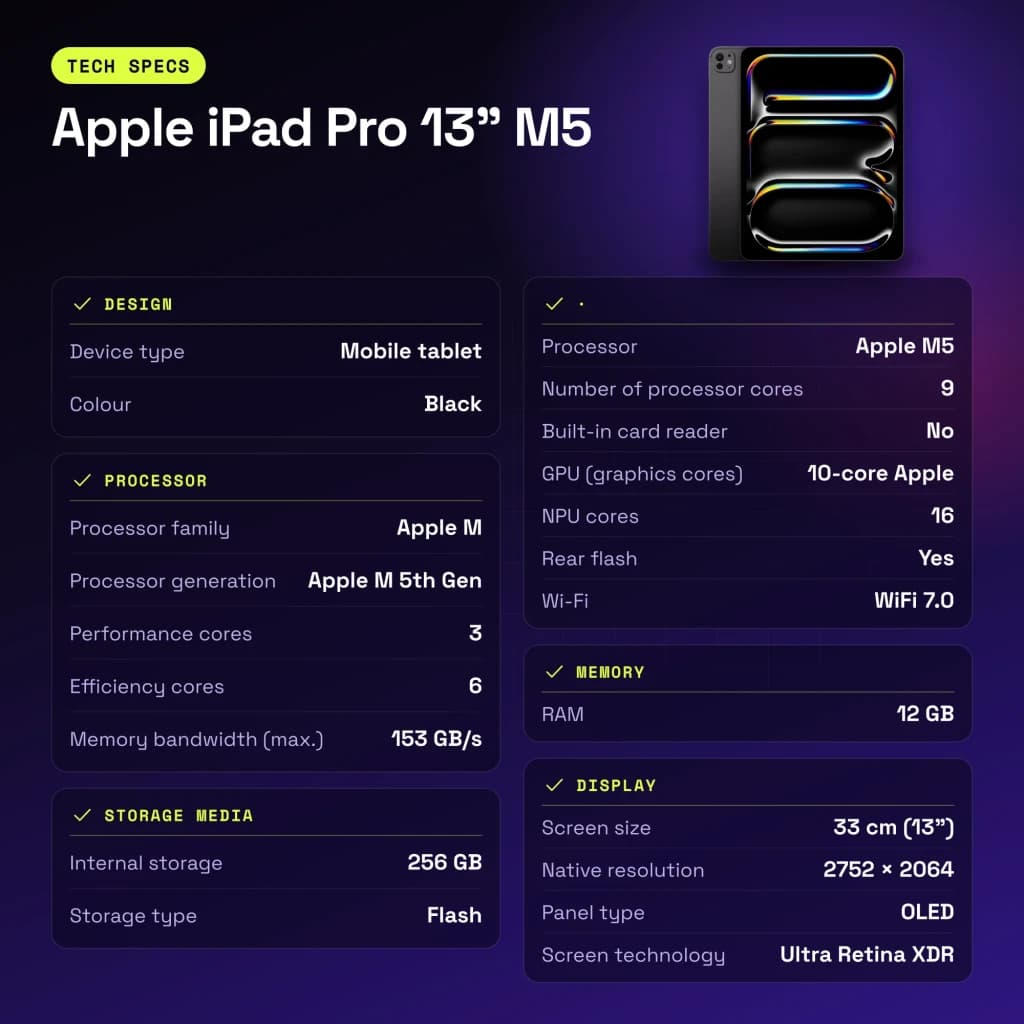 Apple iPad Pro 13 pouces M5 256Go Noir OLED 120Hz - caractéristiques, 1000 cd / m²