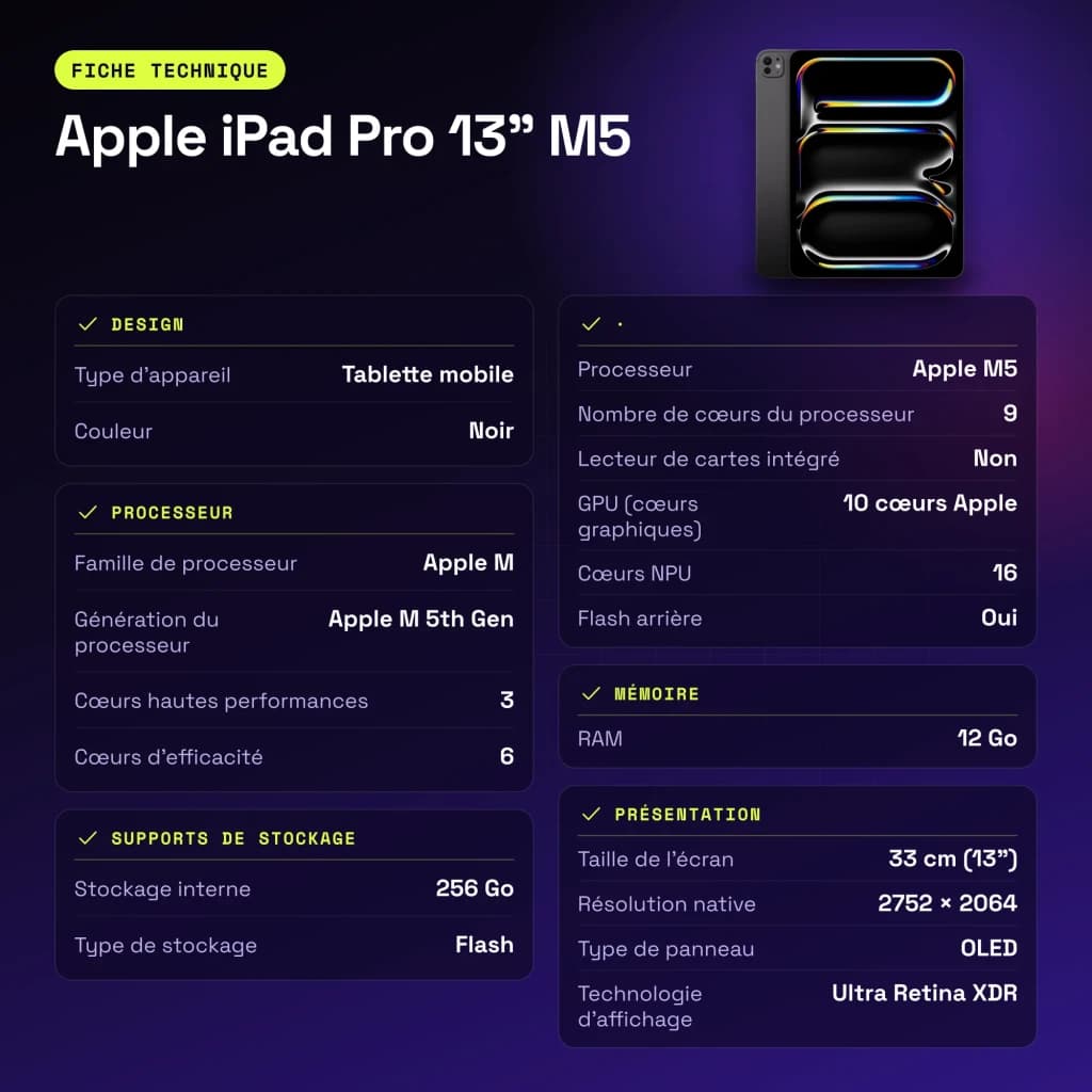 Apple iPad Pro 13 pouces M5 256Go Noir OLED 120Hz - caractéristiques, WiFi 7.0