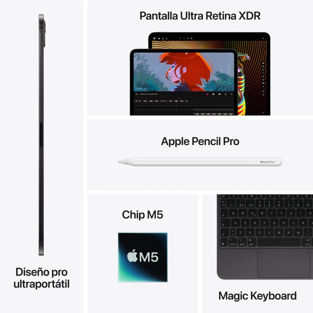 Apple iPad Pro 13 pouces M5 256Go Noir OLED 120Hz - profil latéral, écran XDR, Pencil Pro, puce M5 et Magic Keyboard