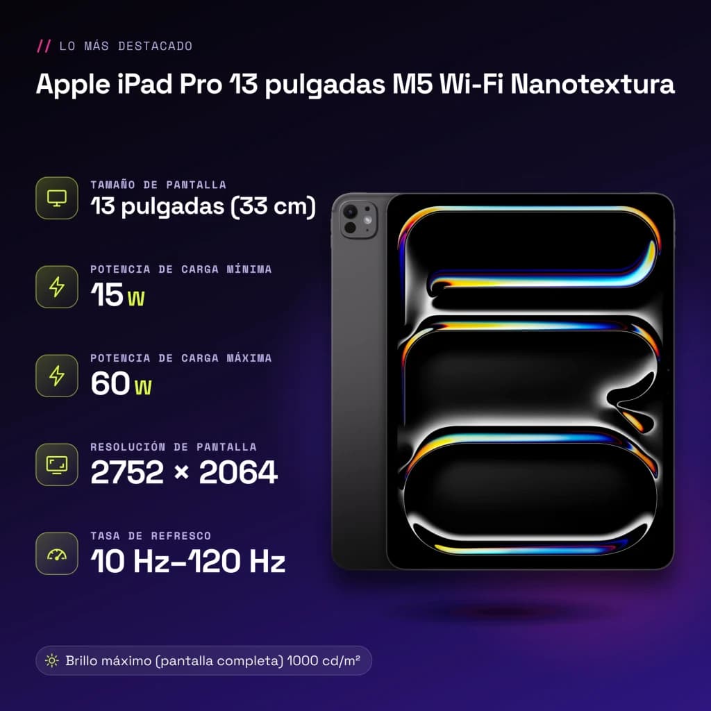 Apple iPad Pro 13 pouces M5 Wi-Fi Nanotexture 1 To Noir OLED 120Hz Tandem - caractéristiques