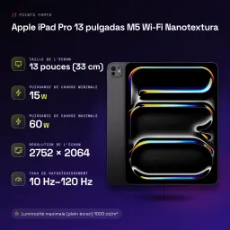 Apple iPad Pro 13 pouces M5 Wi-Fi Nanotexture 1 To Noir OLED 120Hz Tandem - caractéristiques, 1000 cd/m²