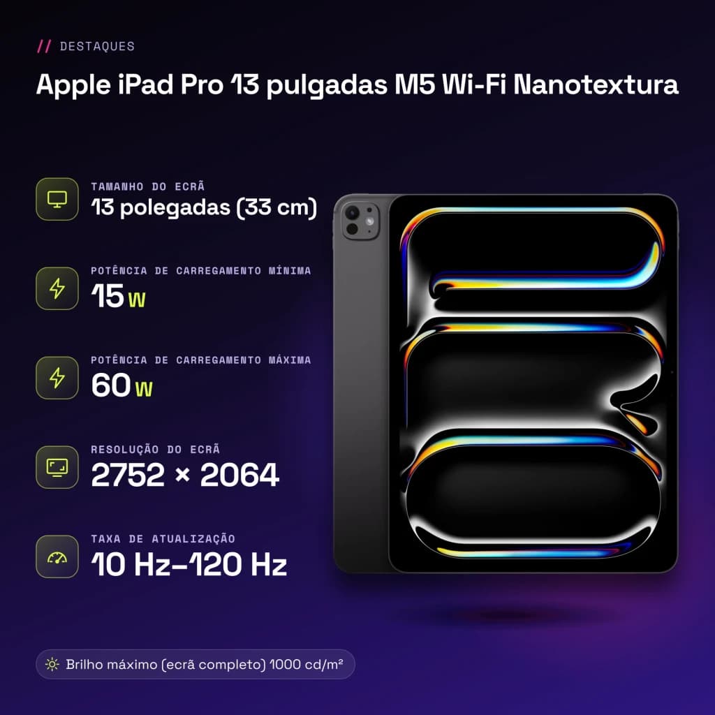 Apple iPad Pro 13 pouces M5 Wi-Fi Nanotexture 1 To Noir OLED 120Hz Tandem - caractéristiques, 153 GB/s