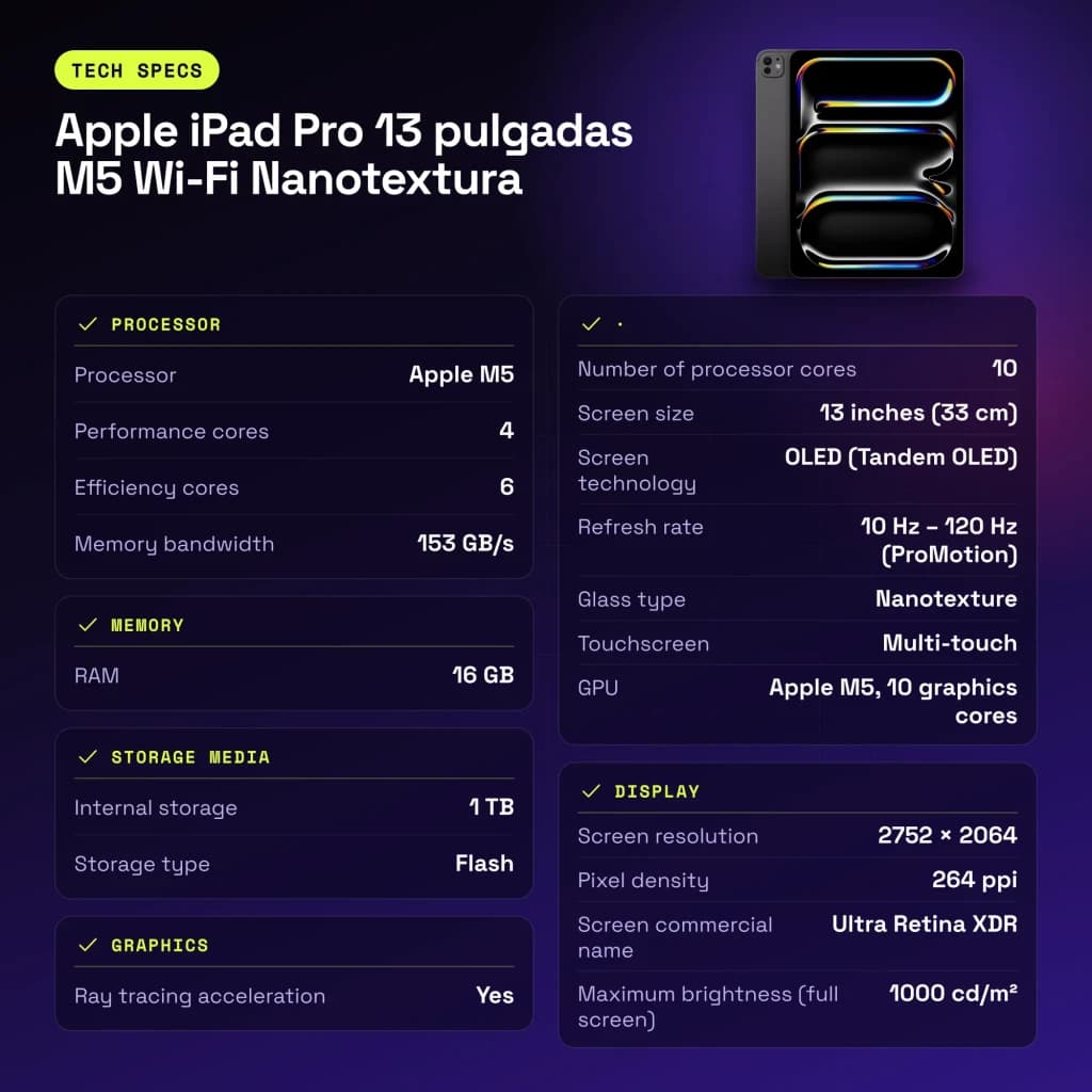 Apple iPad Pro 13 pouces M5 Wi-Fi Nanotexture 1 To Noir OLED 120Hz Tandem - caractéristiques, USB-C