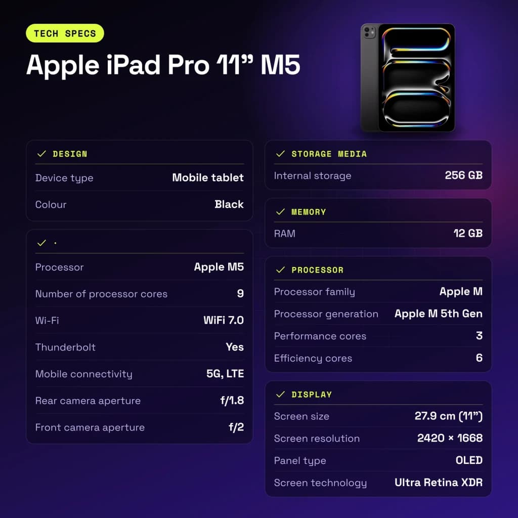 Apple iPad Pro 11 pouces M5 256Go Noir OLED 120Hz Wi-Fi + Cellular - caractéristiques, 1000 cd / m²