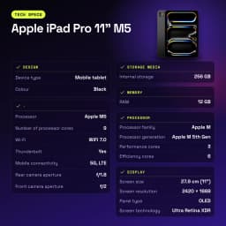 Apple iPad Pro 11 pouces M5 256Go Noir OLED 120Hz Wi-Fi + Cellular - caractéristiques, 1000 cd / m²