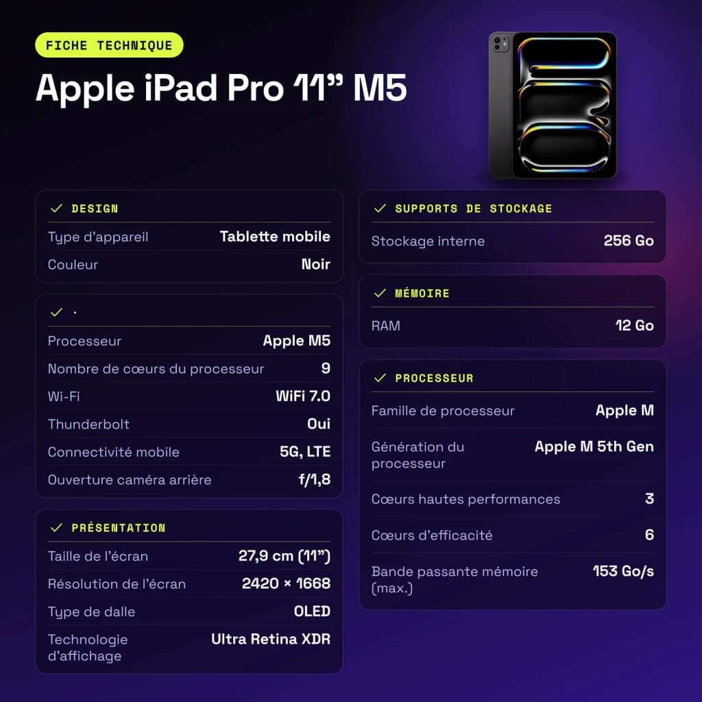 Apple iPad Pro 11 pouces M5 256Go Noir OLED 120Hz Wi-Fi + Cellular - caractéristiques, WiFi 7.0