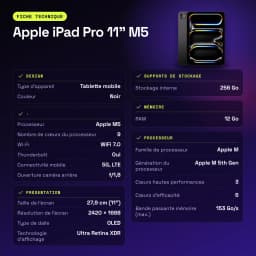 Apple iPad Pro 11 pouces M5 256Go Noir OLED 120Hz Wi-Fi + Cellular - caractéristiques, WiFi 7.0