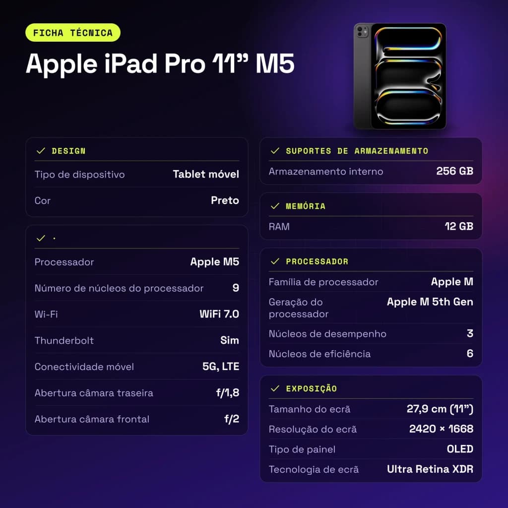 Apple iPad Pro 11 pouces M5 256Go Noir OLED 120Hz Wi-Fi + Cellular - caractéristiques, IP42