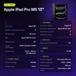 Apple iPad Pro M5 13 pouces 512 Go Noir OLED 120Hz 5G - caractéristiques, USB-C