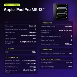 Apple iPad Pro M5 13 pouces 512 Go Noir OLED 120Hz 5G - caractéristiques, IP42