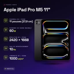 Apple iPad Pro M5 11 pouces 256 Go Noir OLED 120Hz - caractéristiques, 1000 cd/m²