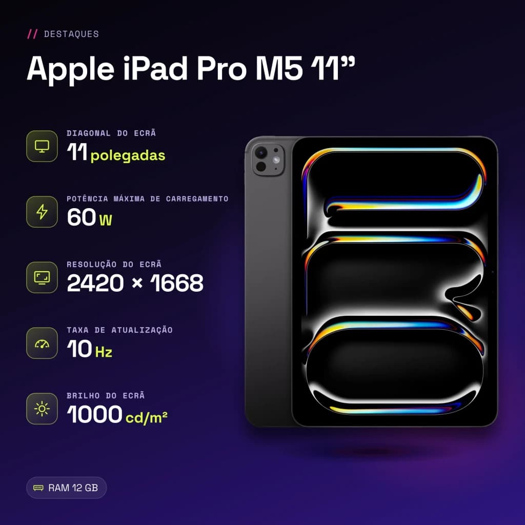 Apple iPad Pro M5 11 pouces 256 Go Noir OLED 120Hz - caractéristiques, 153 GB/s