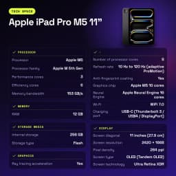 Apple iPad Pro M5 11 pouces 256 Go Noir OLED 120Hz - caractéristiques, IP42