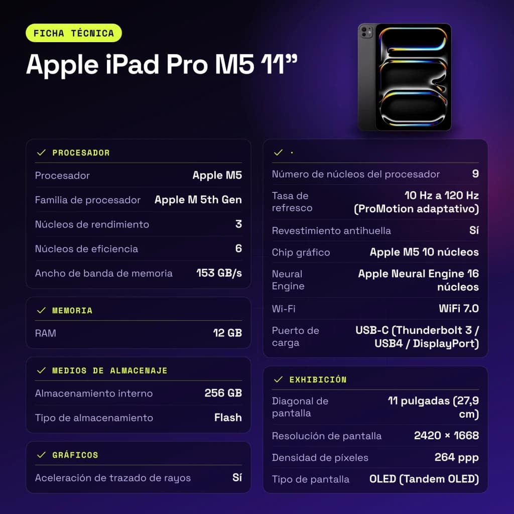 Apple iPad Pro M5 11 pouces 256 Go Noir OLED 120Hz - caractéristiques, WiFi 7.0