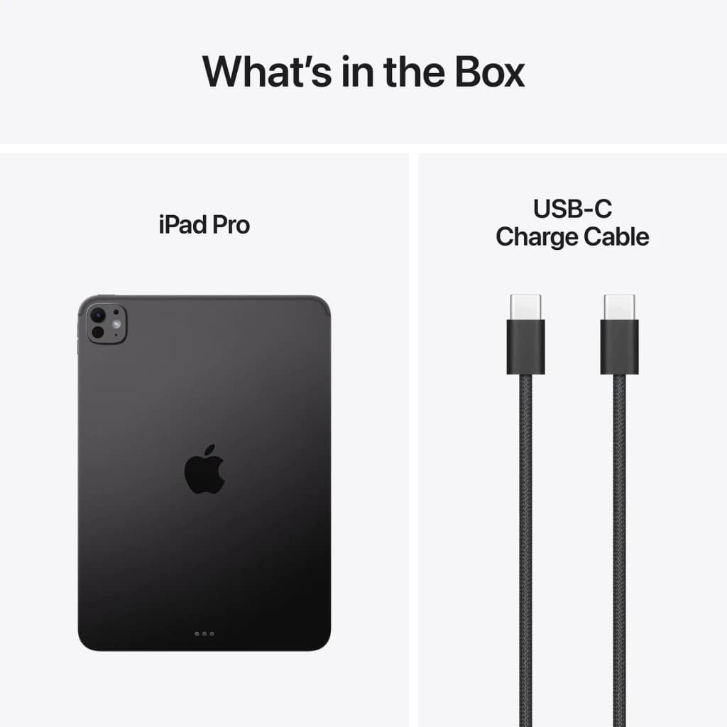 Apple iPad Pro M5 11 pouces 256 Go Noir OLED 120Hz - vue arrière avec module caméras et câble USB-C tressé