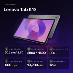 Lenovo Tab K12 Wi-Fi 12Go/256Go Gris 12,1 pouces IPS 90Hz Dimensity 6400 10200mAh - caractéristiques, 30,7 cm (12.1")