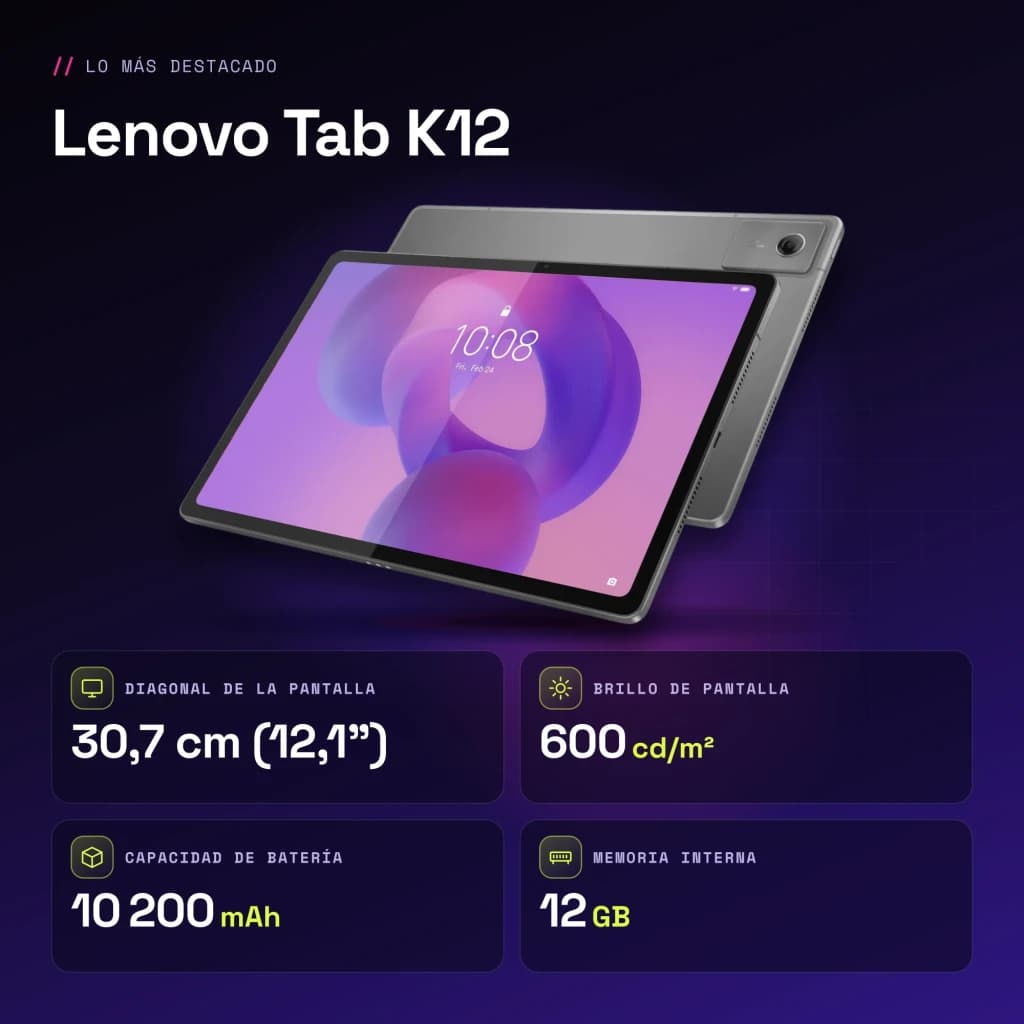 Lenovo Tab K12 Wi-Fi 12Go/256Go Gris 12,1 pouces IPS 90Hz Dimensity 6400 10200mAh - caractéristiques