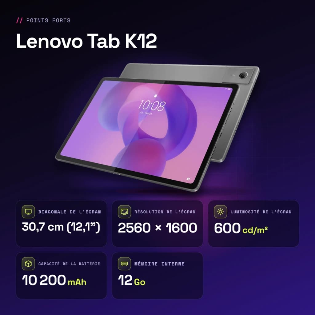 Lenovo Tab K12 Wi-Fi 12Go/256Go Gris 12,1 pouces IPS 90Hz Dimensity 6400 10200mAh - caractéristiques, 90 Hz