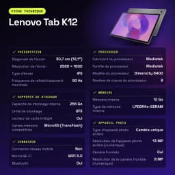 Lenovo Tab K12 Wi-Fi 12Go/256Go Gris 12,1 pouces IPS 90Hz Dimensity 6400 10200mAh - caractéristiques, 13 MP