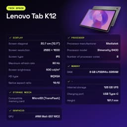 Lenovo Tab K12 Wi-Fi 8GB/128GB Gris 12,1 pulgadas IPS 90Hz Dimensity 6400 10200mAh - características, 8 MP