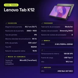 Lenovo Tab K12 Wi-Fi 8GB/128GB Gris 12,1 pulgadas IPS 90Hz Dimensity 6400 10200mAh - características, 13 MP
