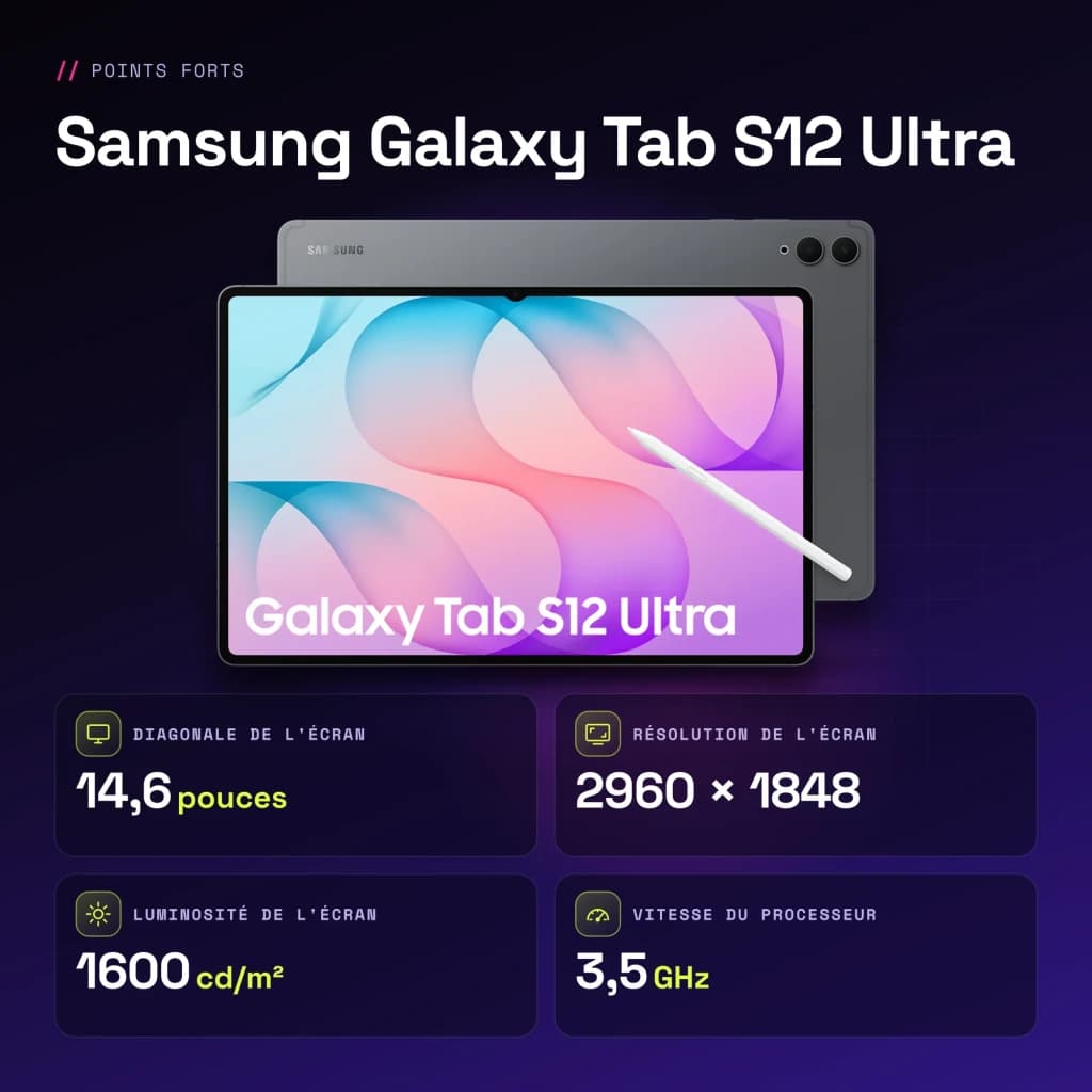Samsung Galaxy Tab S12 Ultra 12Go/512Go Gris S Pen inclus 14,6 pouces Dynamic AMOLED 2X 11600mAh - caractéristiques, 4,21 GHz