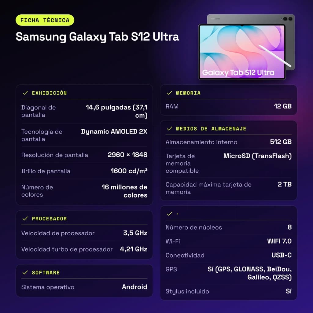 Samsung Galaxy Tab S12 Ultra 12Go/512Go Gris S Pen inclus 14,6 pouces Dynamic AMOLED 2X 11600mAh - caractéristiques, 8 MP