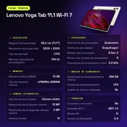 Lenovo Yoga Tab 11.1 Wi-Fi 7 12 Go/256 Go Gris 11,1 pouces 3.2K 144Hz Snapdragon 8 Gen 3 8860mAh - caractéristiques, 256 GB