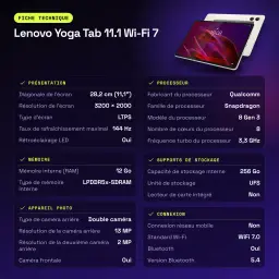 Lenovo Yoga Tab 11.1 Wi-Fi 7 12 Go/256 Go Gris 11,1 pouces 3.2K 144Hz Snapdragon 8 Gen 3 8860mAh - caractéristiques, 2 MP