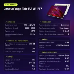 Lenovo Yoga Tab 11.1 Wi-Fi 7 12 Go/256 Go Gris 11,1 pouces 3.2K 144Hz Snapdragon 8 Gen 3 8860mAh - caractéristiques, WiFi 7.0
