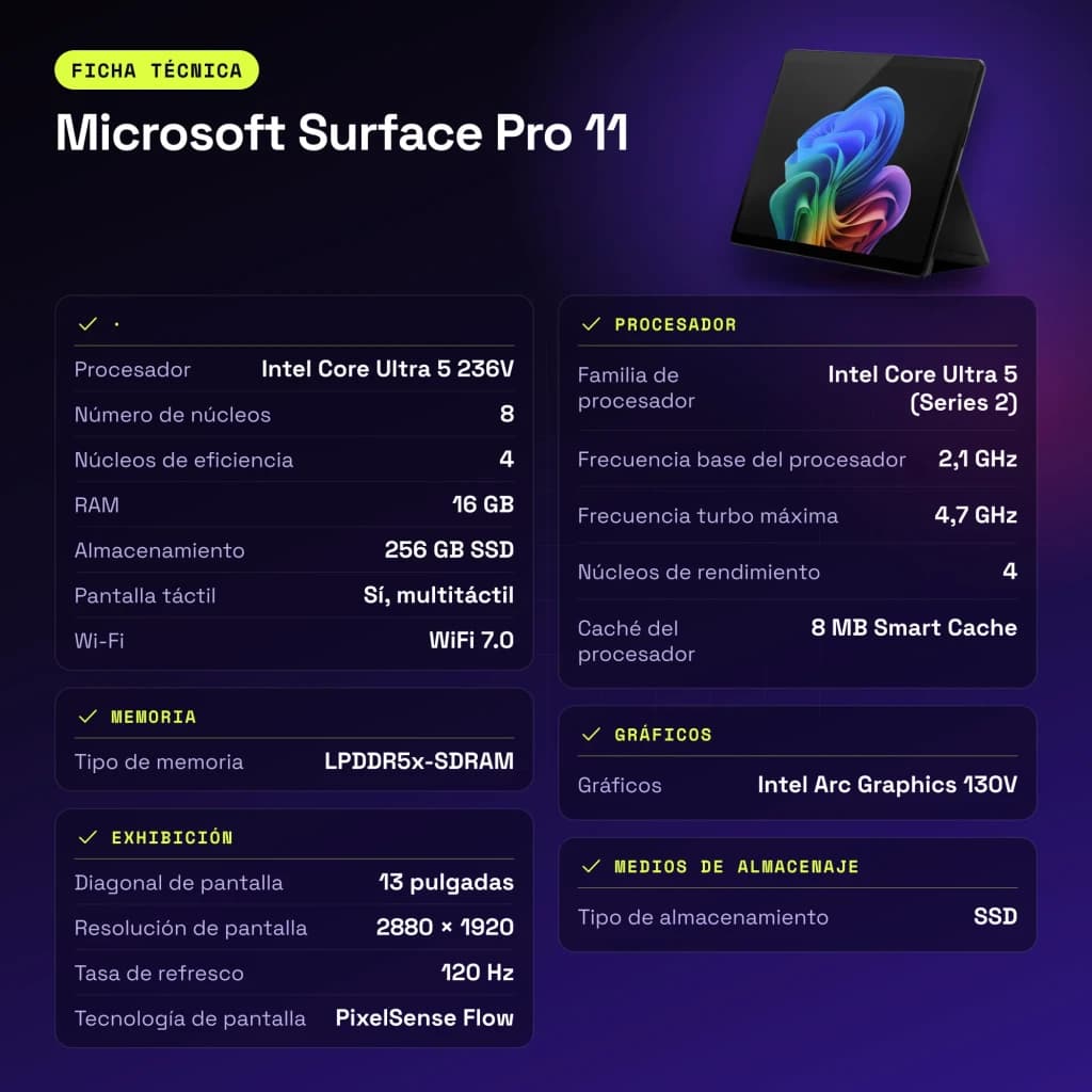Tablet Microsoft Surface Pro 11 16GB/256GB 13 pulgadas PixelSense Flow 120Hz Táctil Intel Core Ultra 5 236V SSD Negro