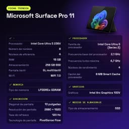 Tablet Microsoft Surface Pro 11 16GB/256GB 13 pulgadas PixelSense Flow 120Hz Táctil Intel Core Ultra 5 236V SSD Negro