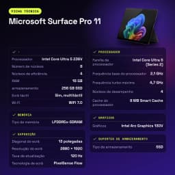 Tablet Microsoft Surface Pro 11 16GB/256GB 13 pulgadas PixelSense Flow 120Hz Táctil Intel Core Ultra 5 236V SSD Negro