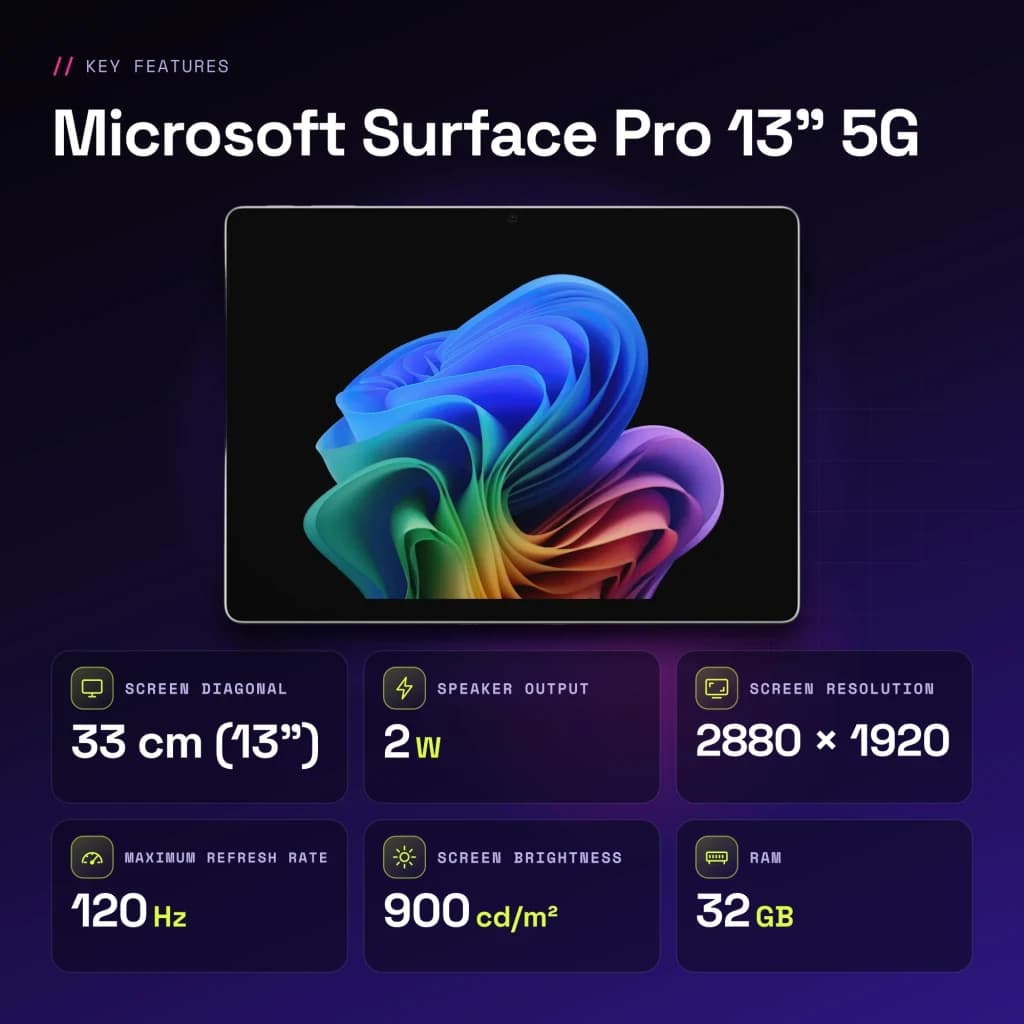 Microsoft Surface Pro 13 pulgadas 5G 32GB/1TB OLED 120Hz Intel Core Ultra 7 366H WiFi 7 Negro Platino - 120 Hz