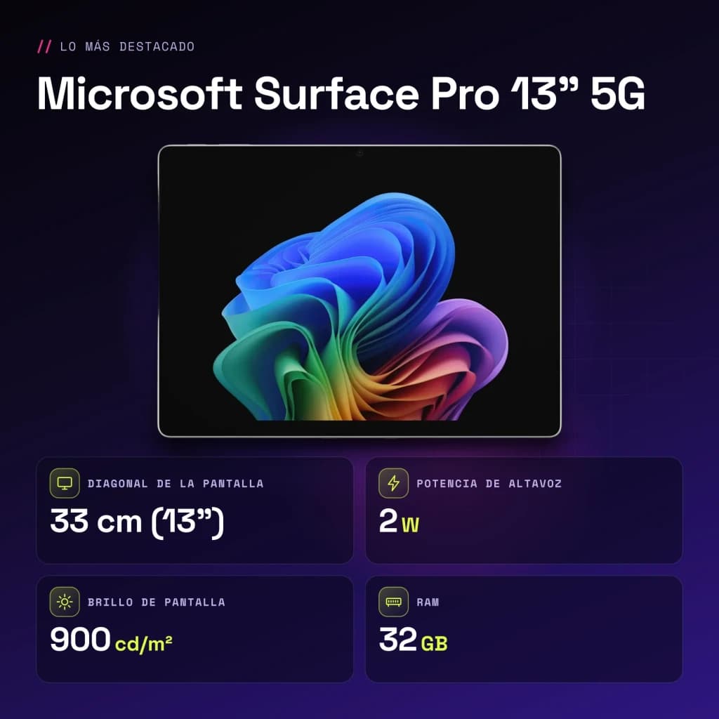 Microsoft Surface Pro 13 pulgadas 5G 32GB/1TB OLED 120Hz Intel Core Ultra 7 366H WiFi 7 Negro Platino - características