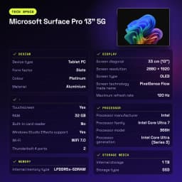 Microsoft Surface Pro 13 pulgadas 5G 32GB/1TB OLED 120Hz Intel Core Ultra 7 366H WiFi 7 Negro Platino - 1600 MHz