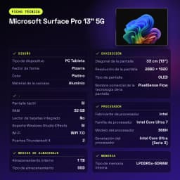 Microsoft Surface Pro 13 pulgadas 5G 32GB/1TB OLED 120Hz Intel Core Ultra 7 366H WiFi 7 Negro Platino - 1,6 GHz
