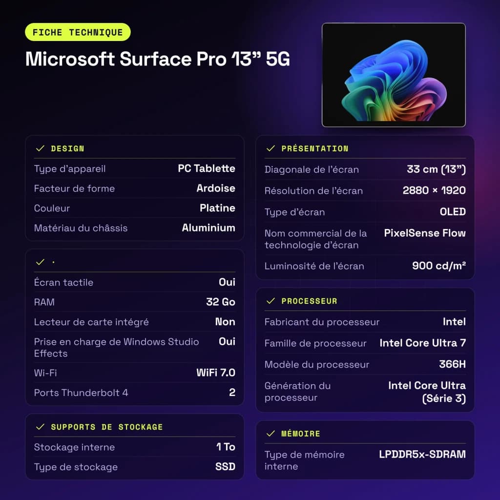 Microsoft Surface Pro 13 pulgadas 5G 32GB/1TB OLED 120Hz Intel Core Ultra 7 366H WiFi 7 Negro Platino - 4,8 GHz