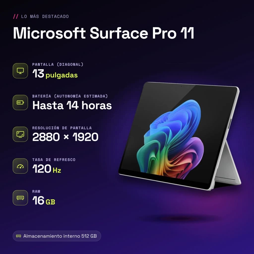 Tablet Microsoft Surface Pro 11 16GB/512GB 13 polegadas Intel Core Ultra 5 236V SSD Platina - características