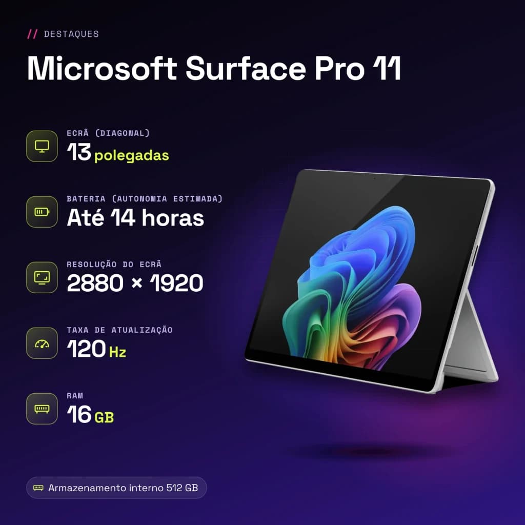 Tablet Microsoft Surface Pro 11 16GB/512GB 13 polegadas Intel Core Ultra 5 236V SSD Platina - características, 16 GB