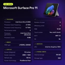 Tablet Microsoft Surface Pro 11 16GB/512GB 13 polegadas Intel Core Ultra 5 236V SSD Platina - características, 120 Hz