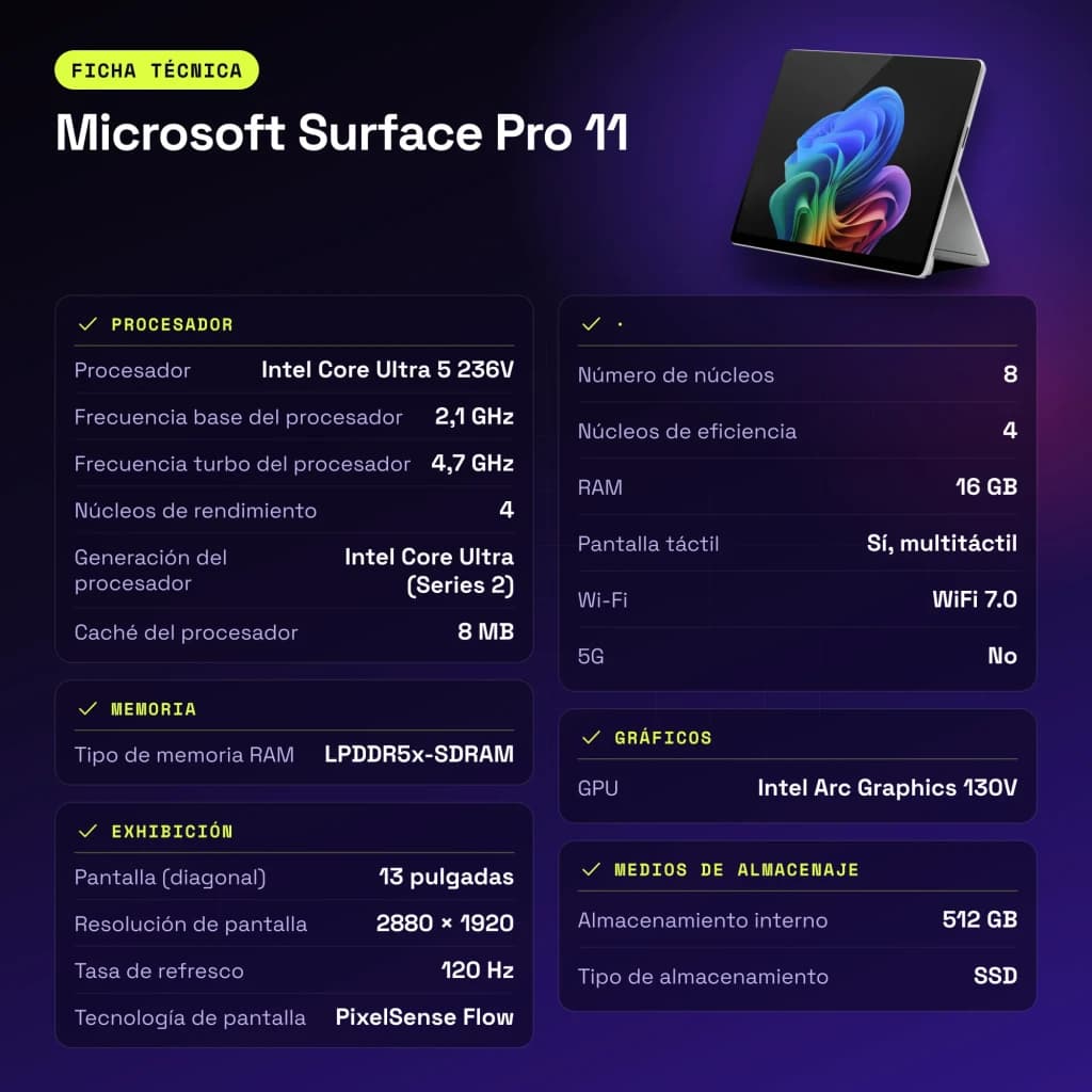 Tablet Microsoft Surface Pro 11 16GB/512GB 13 polegadas Intel Core Ultra 5 236V SSD Platina - características, 512 GB