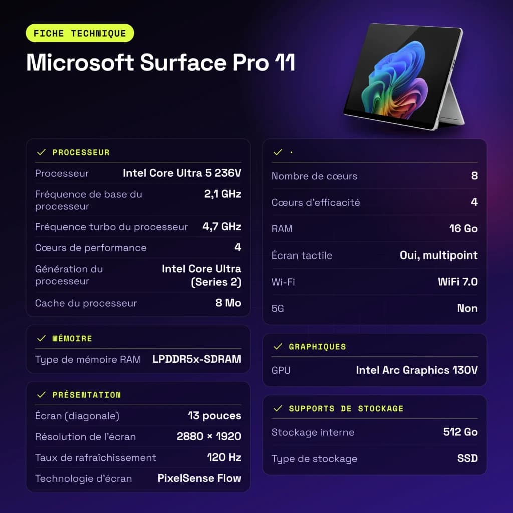 Tablet Microsoft Surface Pro 11 16GB/512GB 13 polegadas Intel Core Ultra 5 236V SSD Platina - características, WiFi 7.0