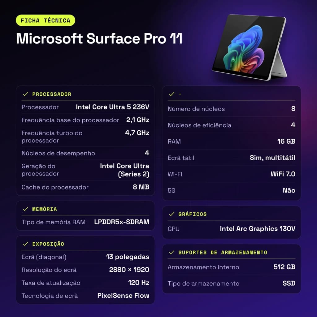 Tablet Microsoft Surface Pro 11 16GB/512GB 13 polegadas Intel Core Ultra 5 236V SSD Platina - características, 10 MP