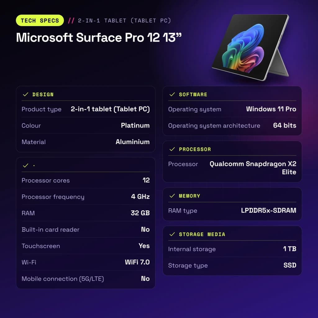 Portátil Microsoft Surface Pro 12 13 pulgadas 32GB/1TB OLED 2880x1920 Qualcomm Snapdragon X Plus SSD Negro Platino - 287 mm