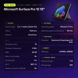 Portátil Microsoft Surface Pro 12 13 pulgadas 32GB/1TB OLED 2880x1920 Qualcomm Snapdragon X Plus SSD Negro Platino - 287 mm