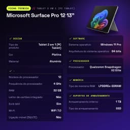 Portátil Microsoft Surface Pro 12 13 pulgadas 32GB/1TB OLED 2880x1920 Qualcomm Snapdragon X Plus SSD Negro Platino - 9,3 mm